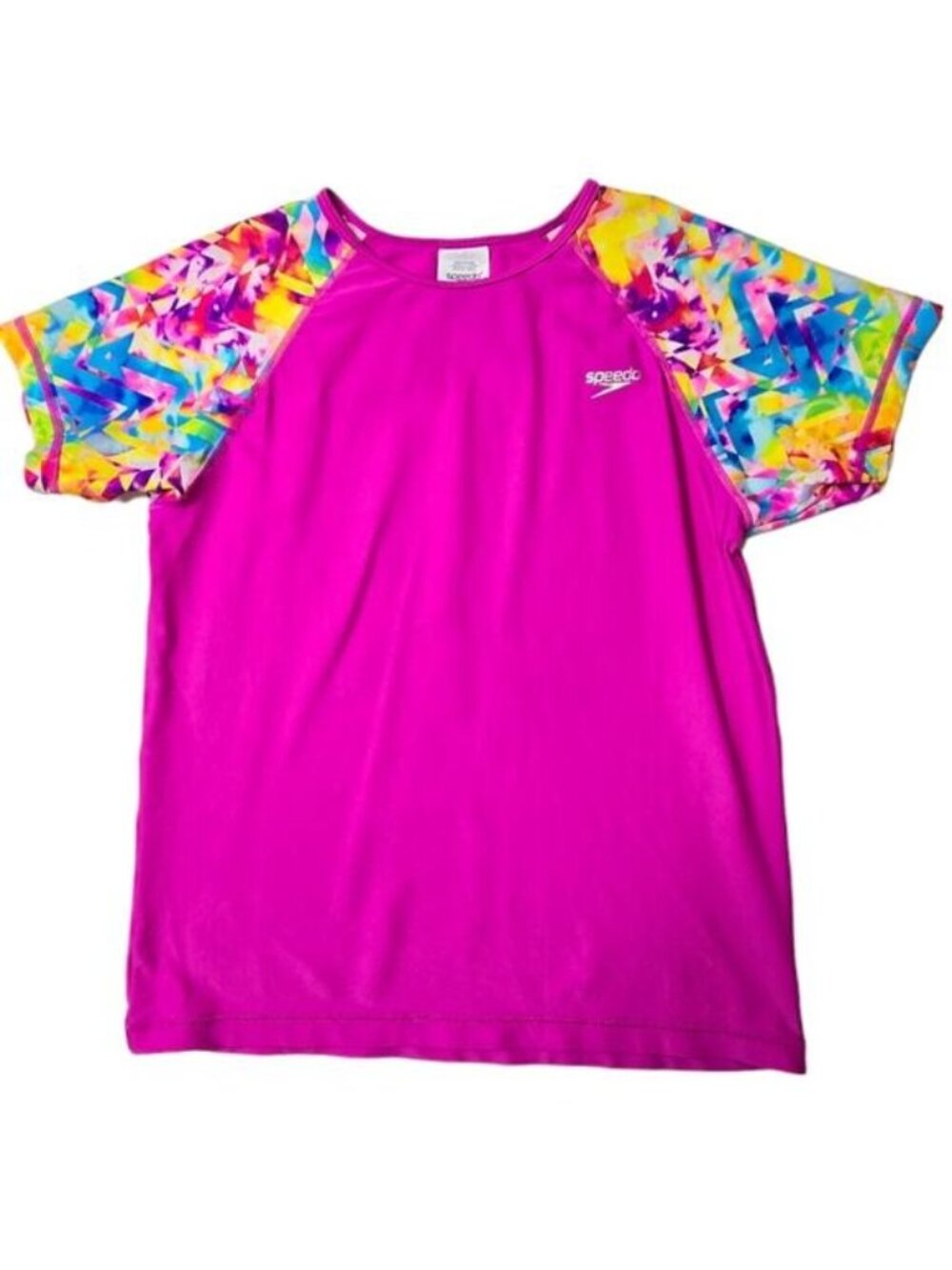 Speedo Girls Rash Guard Swim Top XL Pink Watercolor Short Sleeve UV Protection